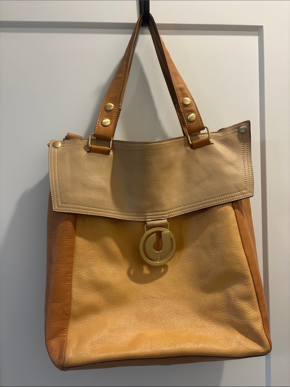 Two-Tone Tan and Camel Leather Tote with Gold Ring Accent